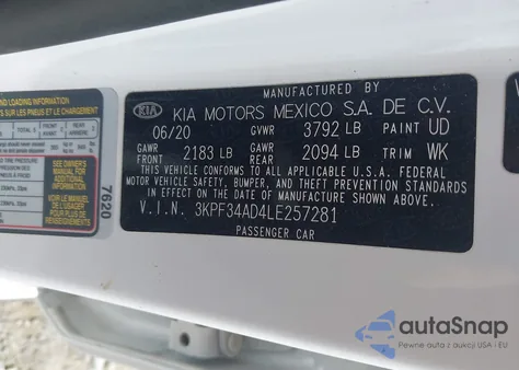 2020 Kia Forte Gt-Line z USA, uszkodzony, nr VIN 3KPF34AD4LE257281